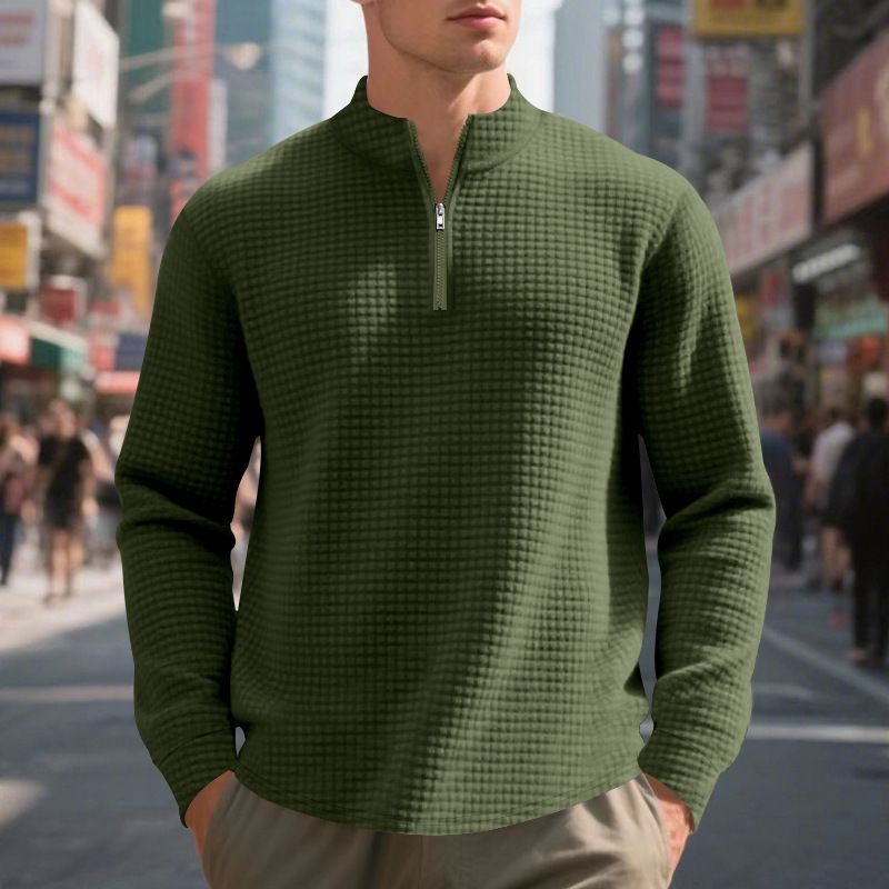 Men's Casual Pullover Sweatshirt With Jacquard Design, Stand Collar & Half-Zip, Loose Fit, Autumn/Winter Essential_voghion.com