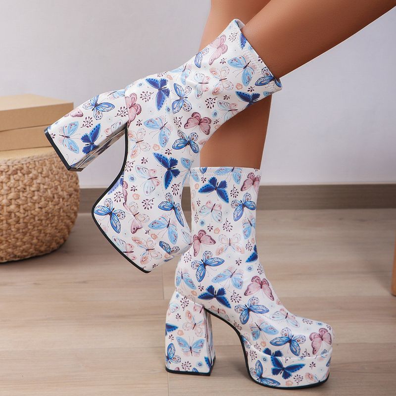 Women's Chunky Heel Pumps denim short boots women's square head waterproof platform high heel fashionable thick bottom women's boots_voghion.com