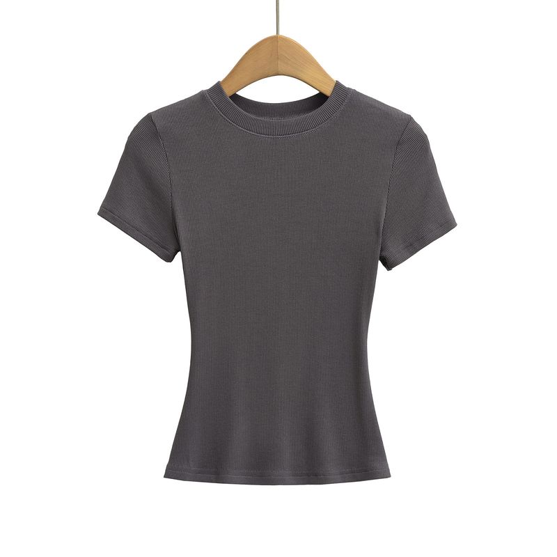 Maglietta sportiva elastica a maniche corte attillata in filo da donna, estiva, aderente, con scollo rotondo, tinta unita_voghion.com
