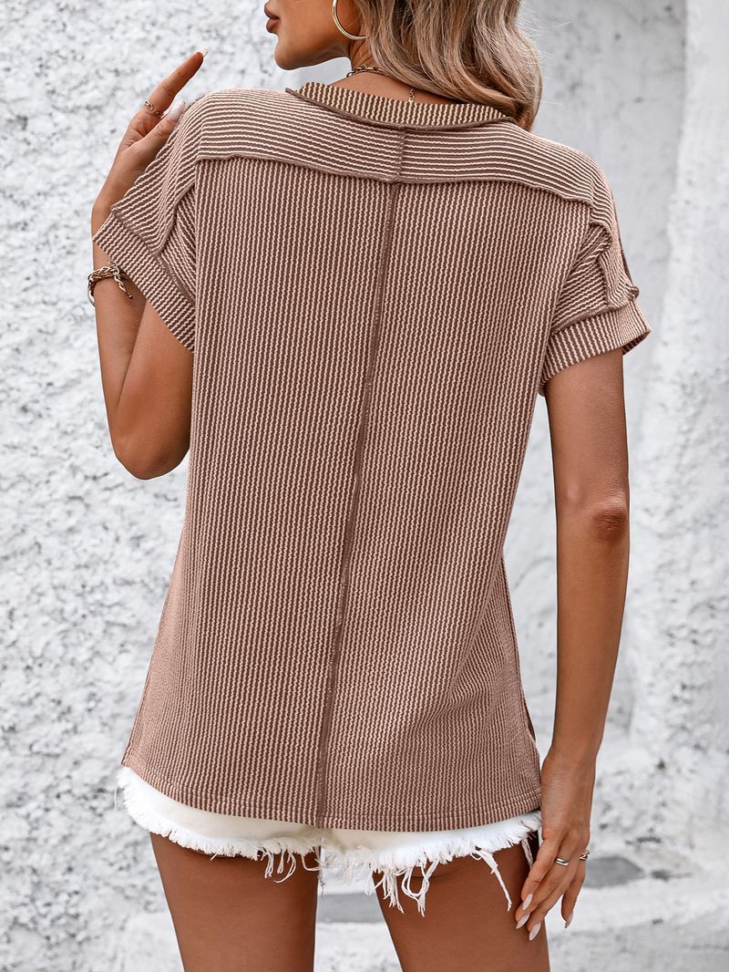 T-shirt da donna a maniche corte con scollo rotondo e vestibilità ampia, con motivo a righe intrecciate e cuciture a vista - Tessuto in maglia di misto cotone traspirante per abbigliamento casual da strada_voghion.com