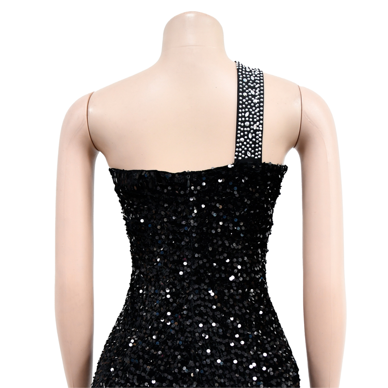 Damenbekleidung Einfarbig Hot Diamond Pailletten Ärmelloses Kleid mit langem Rock_voghion.com
