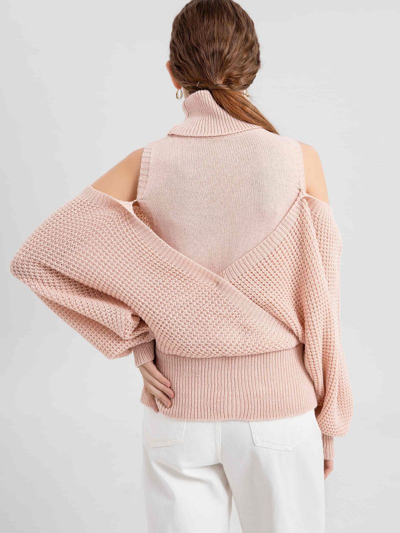 Maglione autunno inverno con collo alto e spalle scoperte, stile delicato, sensazione di alta qualità, colore unito, lavorato a maglia a doppio strato, lungo_voghion.com