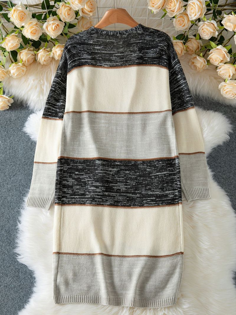 Women's Longline V-Neck Cardigan - Stripe & Color-Block Open Front Knit Sweater (Gray)_voghion.com