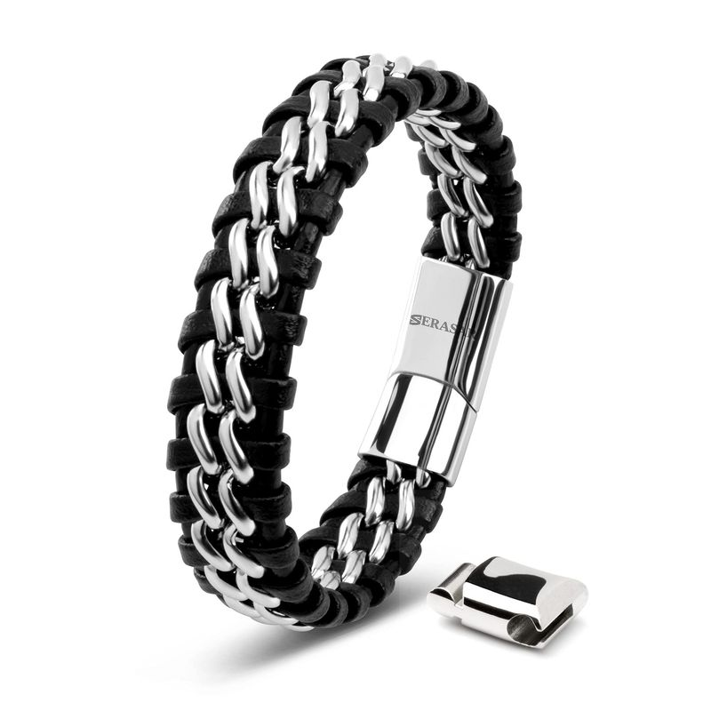 Bracelet en cuir à double chaîne en or gravé avec boucle d'extension en titane et acier cubain tissé_voghion.com