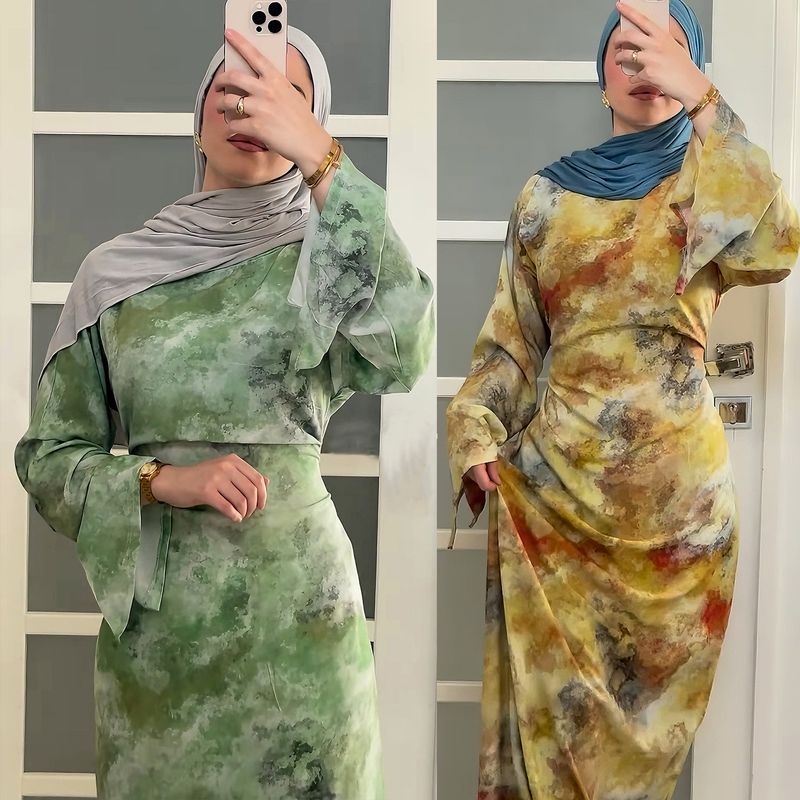 Damenbekleidung Damenkleid mit Blumendruck – Elegantes Langarm-Midikleid mit Fliege, Büro- und Freizeitkleidung (Grün, Gelb, S/M/L/XL)_voghion.com