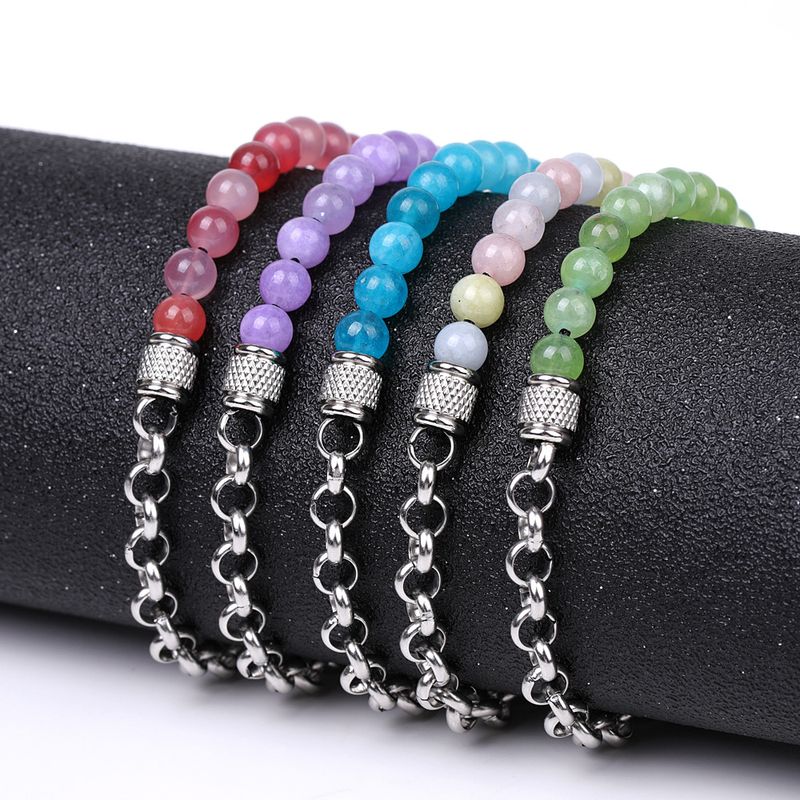 Bracelets en pierres précieuses pour elle et lui - Chaîne tressée en acier inoxydable avec pierres précieuses vert lavande, ensemble assorti pour couple_voghion.com