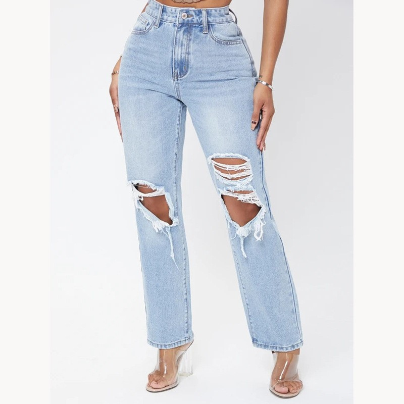 Damkläder heta jeans för kvinnor slitna tvättade högmidjade lösa byxor med vida ben_voghion.com