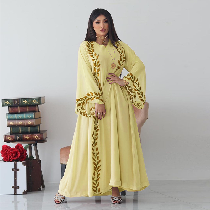Damenmode Street Chiffon langes muslimisches besticktes rosafarbenes Rundhalskleid mit Hijab_voghion.com