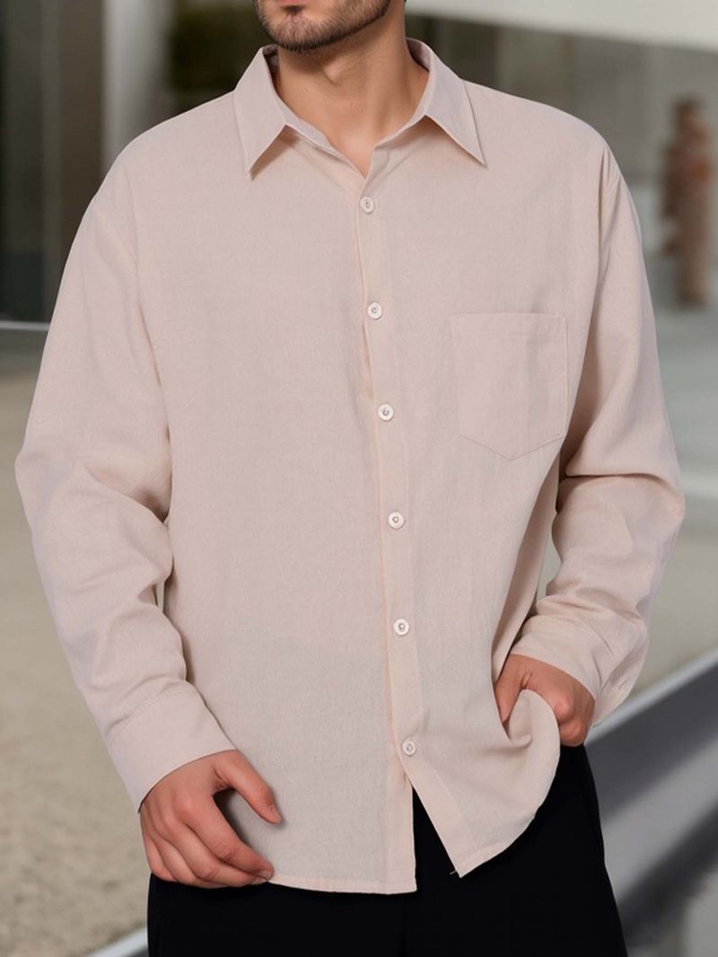 Frühling und Herbst Neue Herren Einfarbig Revers Tasche Knopf Mode All Match Lose Langarmhemd_voghion.com