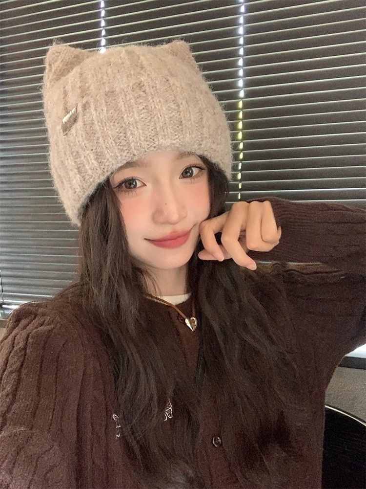 Cat Ear Knitted For Women, Autumn And Winter New Japanese Style Warm Cute Knit Hat, Korean Version Thickened Versatile_voghion.com