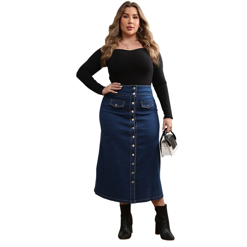 Plus Size High Waist Denim Skirt With Button Front – Fake Pocket Detail, Stretch Comfort (1XL-5XL, Bluish) – Casual_voghion.com