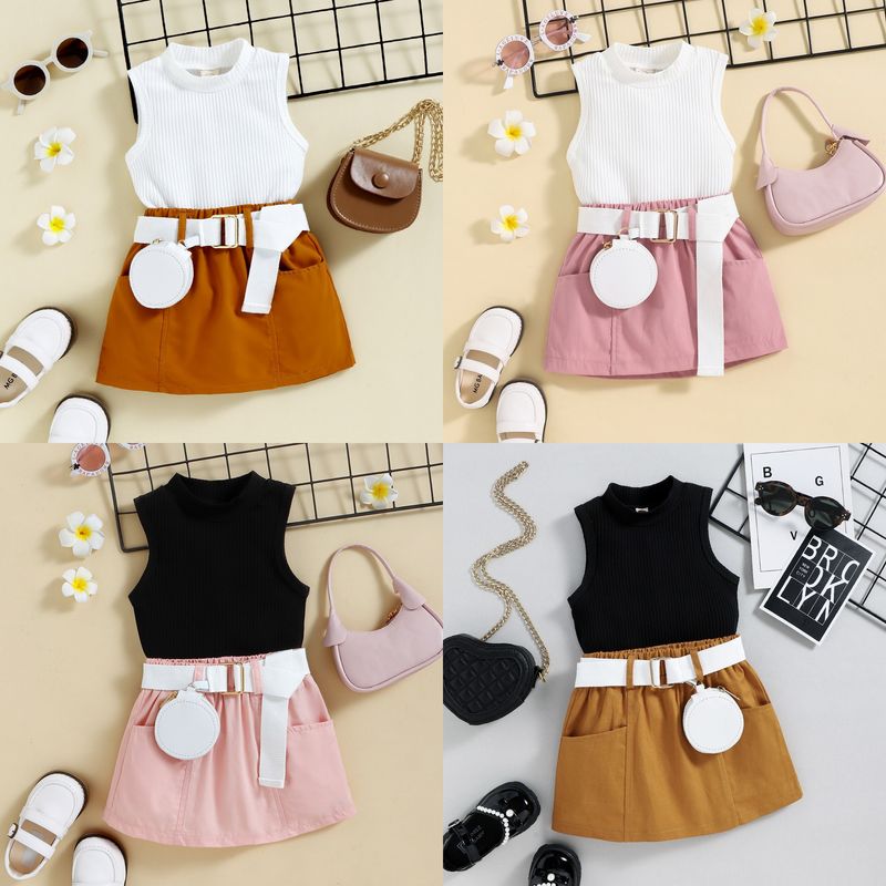 Girl's suit style, children's summer ins, trendy solid color pit stripe pullover, tank top, waist bag, short skirt set_voghion.com