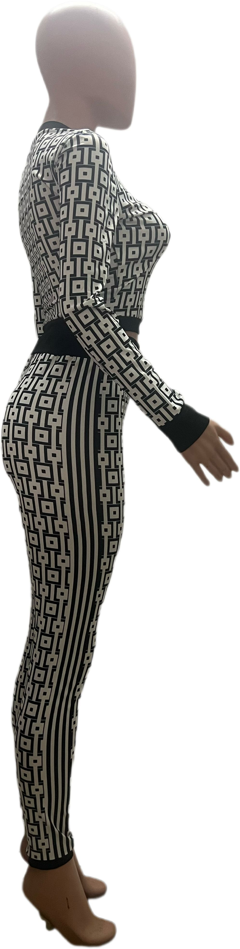 X2573 2024 Autumn/Winter Women's Elastic Print Contrast Slim Fit Long Sleeve Two Piece Set_voghion.com