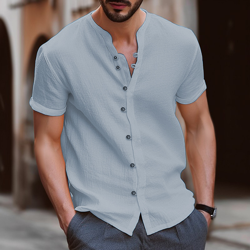 Camicia da uomo retrò in lino a maniche corte - Camicia casual traspirante dalla vestibilità ampia per la primavera estate (beige/kaki/blu)_voghion.com