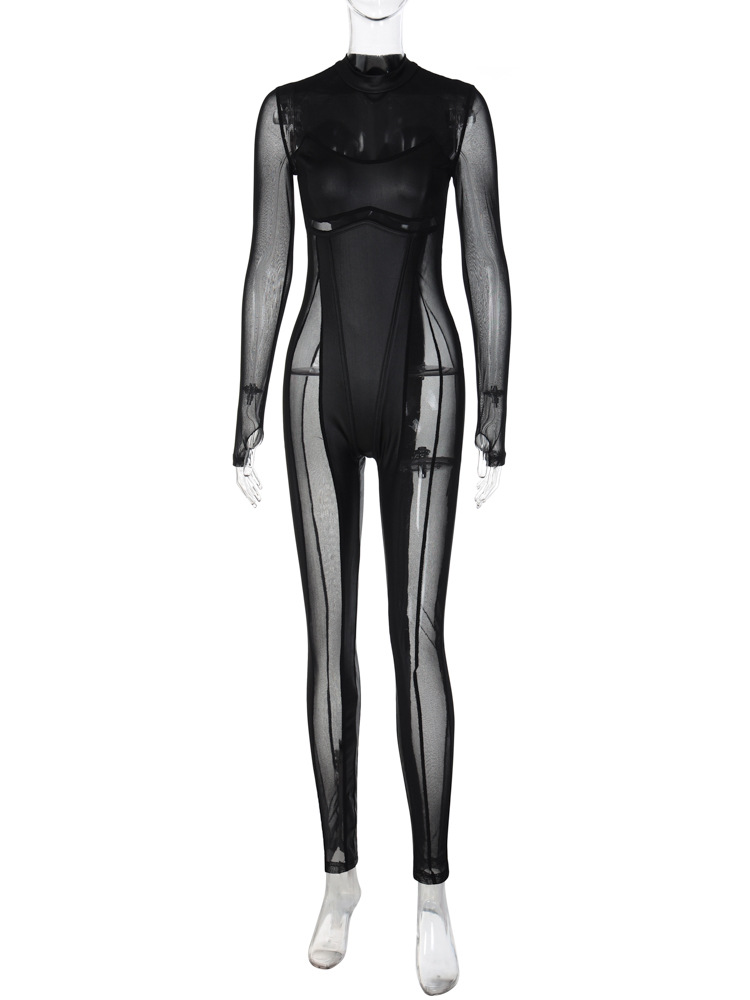 Tuta da donna a maniche lunghe con cerniera posteriore in rete patchwork con collo tondo_voghion.com