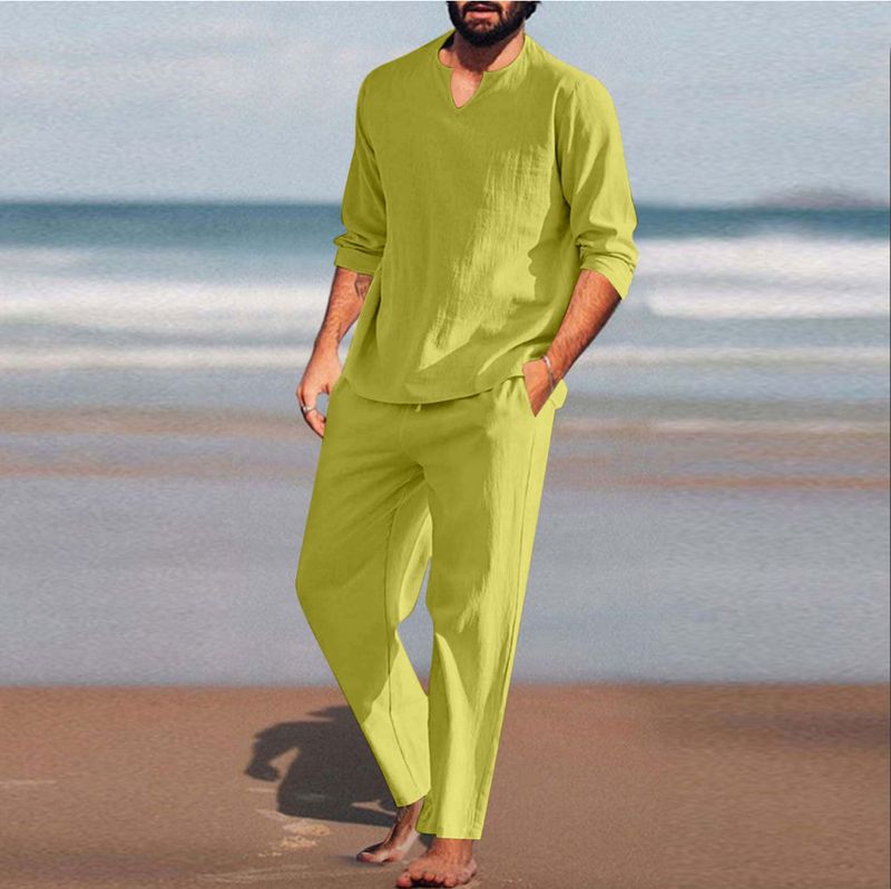 Abito casual da uomo in cotone e lino elasticizzato, tinta unita e con tasche_voghion.com