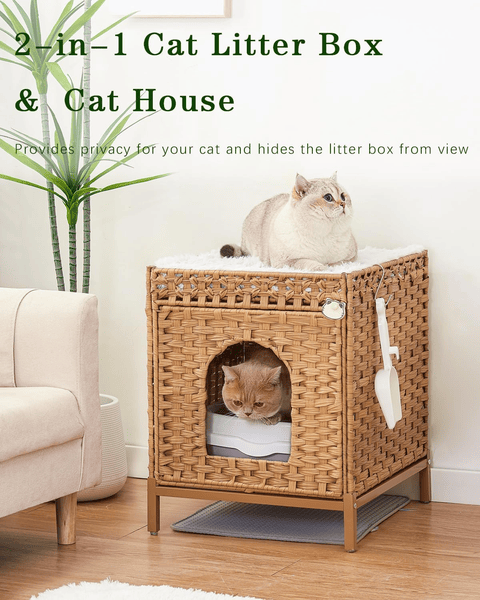 Cat Litter Box Enclosure Hidden Litter Box Furniture With Metal Heightened Feet, Rattan Handwoven Cat House With Litter Mat, Hidden Litter Box Furni_voghion.com