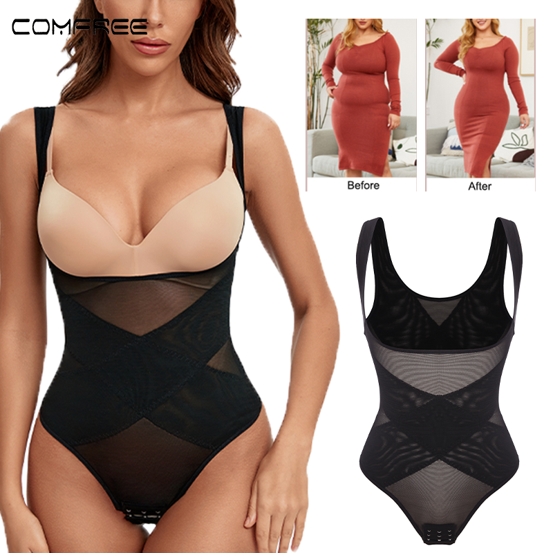 Mesh Cross Sexy Patchwork Thong Shaper For Women COMFREE Tummy Reducer Waist Slimmer Lingeries Bodyshaper Hip_voghion.com