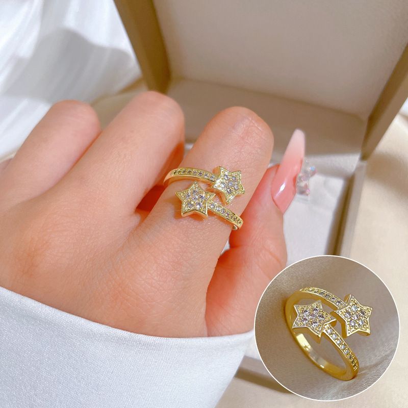 【 Real Gold Plating 】 Opened Five Point Star Fashion Micro Inlay Light Luxury Index Finger Ring, Netting Red, Same Cool_voghion.com