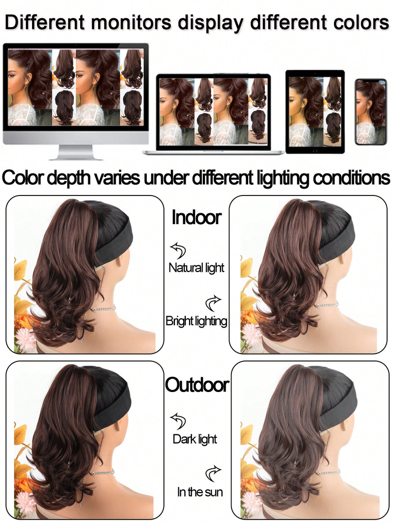 Sintētiska spīļu zirgastes pieaudzējuma matu pieaudzēšana 14" mākslīga brūna sirma blonda viļņaina mākslīgā bize ar gumiju_voghion.com