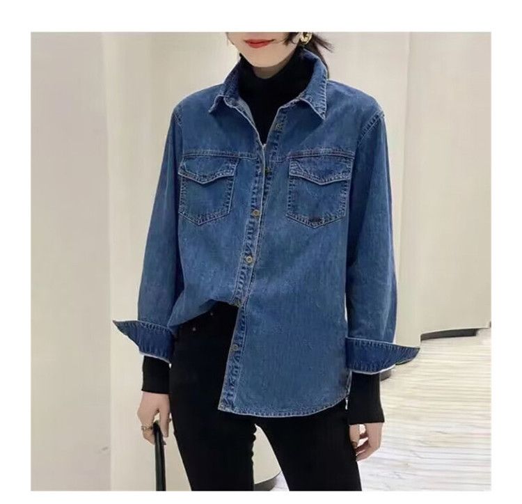 Vintage Jeanshemd im Hong Kong-Stil für Damen – Retro-blaues Oversized-Button-Down-Shirt mit klassischem Kragen, Freizeit- und Bürokleidung_voghion.com