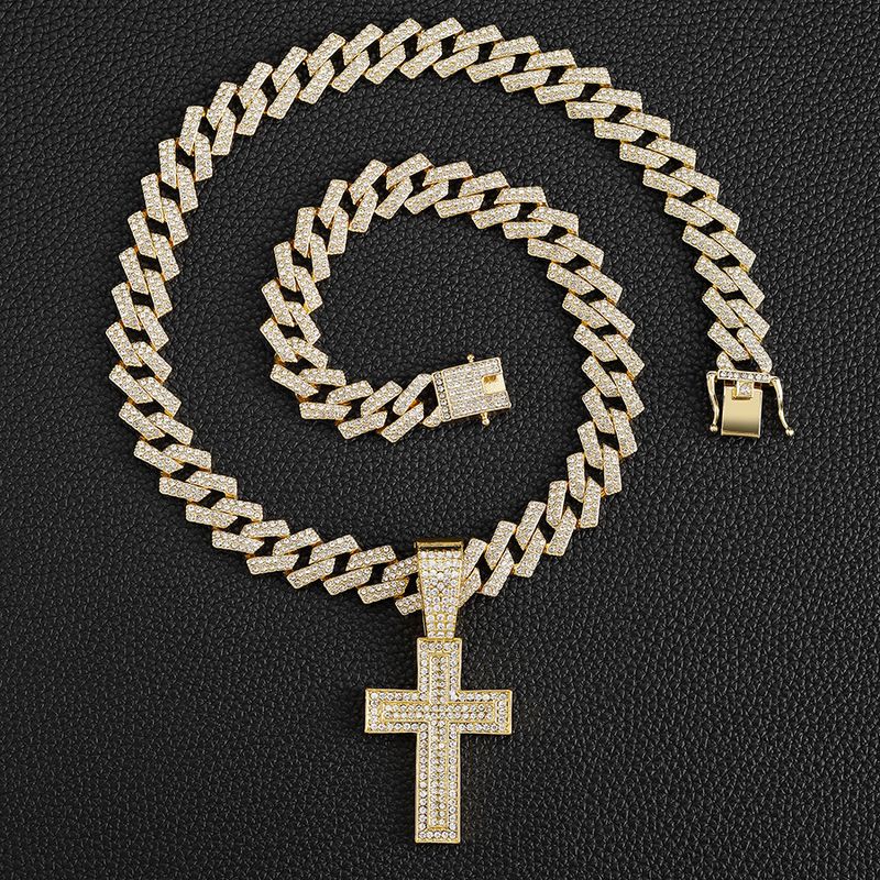 Personalized cross Cuban chain niche design full diamond cross with buckle Cuban chain gold_voghion.com