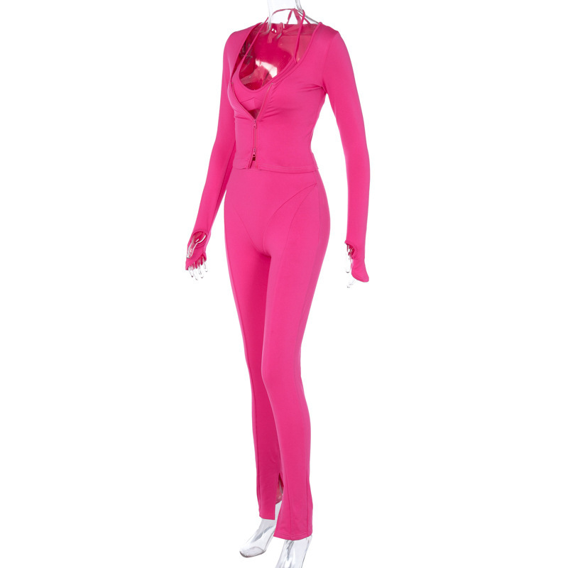 2024 Wiosna Nowość Outsider Street Shooting Sleeves Jednolity kolor Dekoracja Obcisły Seksowny Pikantny Dziewczęcy Trzyczęściowy Zestaw Damski_voghion.com