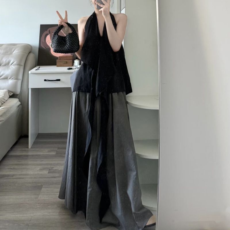 New French Style Halter Neck Ribbon Vest Top Women's Summer Slimming Long Skirt Two-Piece Set_voghion.com
