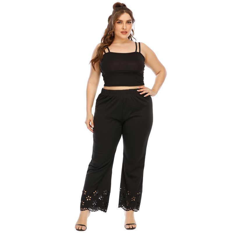 plus size women's hollowed-out burnt flower micro flared straight pants elastic waist casual pants_voghion.com
