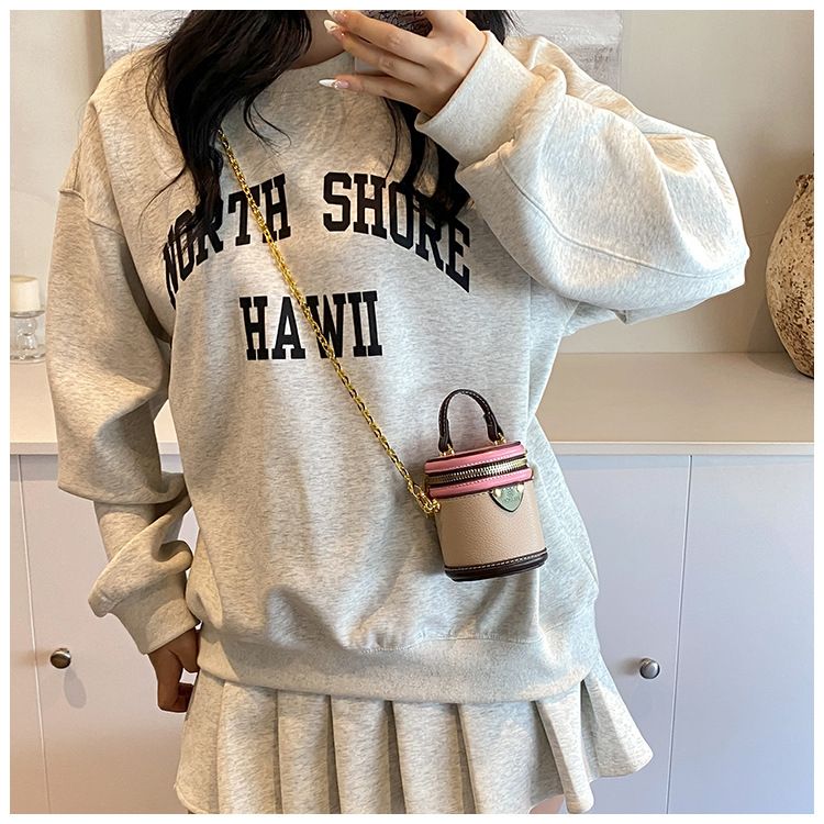 Borsa a secchiello da donna, mini borsa a secchiello rotonda con contrasto di colore, stile per famiglie, da portare a mano, piccola borsa a tracolla color rossetto, da donna_voghion.com