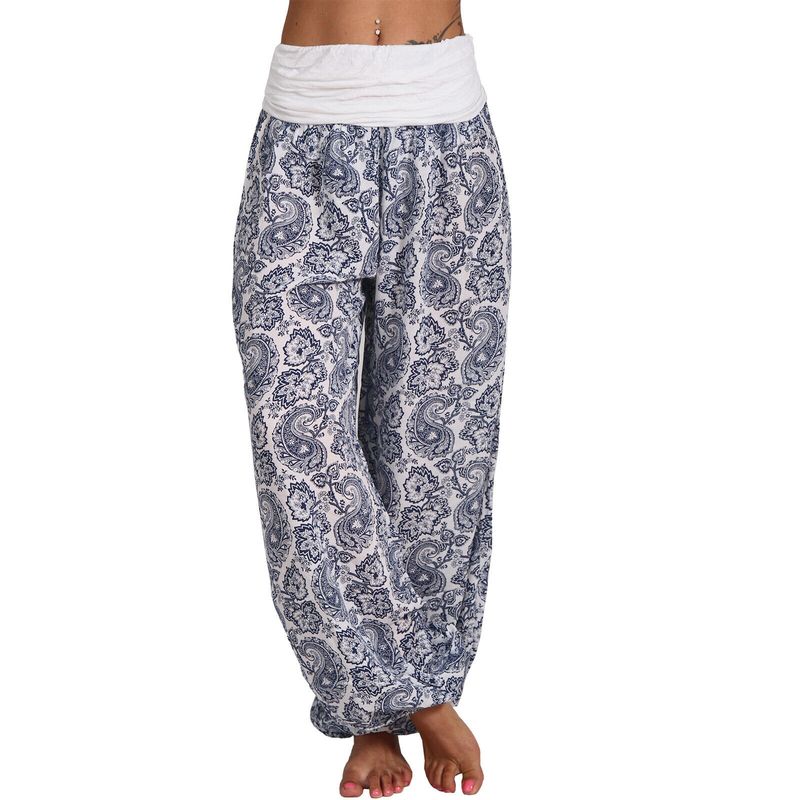Roupas femininas Impressão digital Calças longas e largas Calças casuais Calças harém_voghion.com
