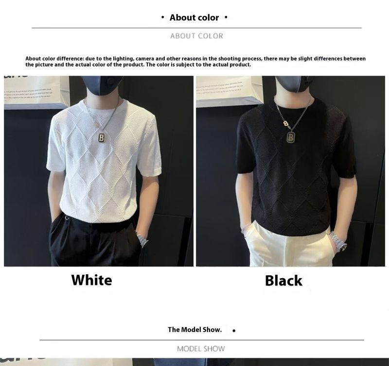 Camiseta de manga curta de seda gelada para o verão, suéter de malha fino da marca da moda, corte slim, elástico e respirável_voghion.com