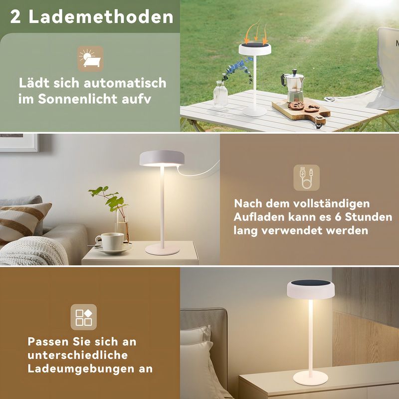 Glitzerlife Tischlampe Solar Akku Nachttischlampe - Modern Led Kabellos Tischleuchte 3600mhA Aufladbar Touch Dimmbar Weiß Lampe Mit USB Batterie Solarlampen_voghion.com