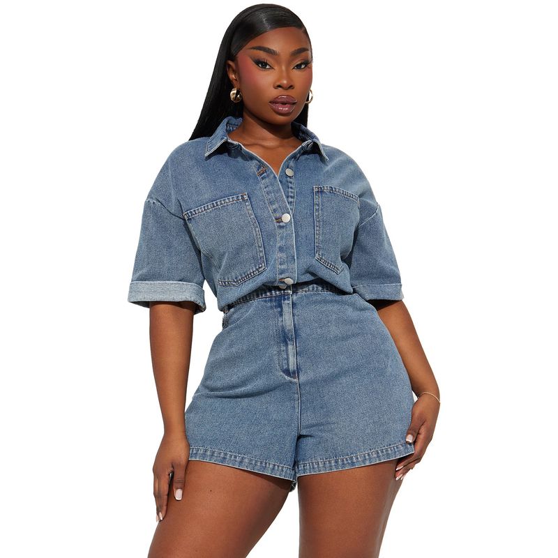 Salopetă din denim spălat, cu mânecă scurtă și elastică, lejeră, pentru femei_voghion.com