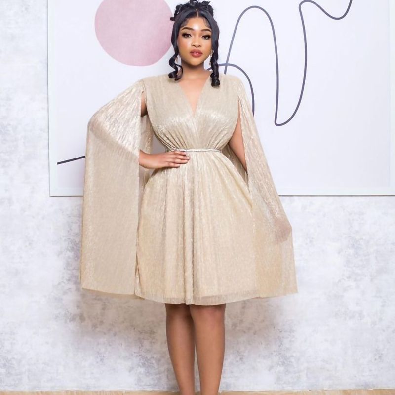 Damenbekleidung Neue V-Ausschnitt Temperament Langarm Cape Taille Kleid Rock_voghion.com