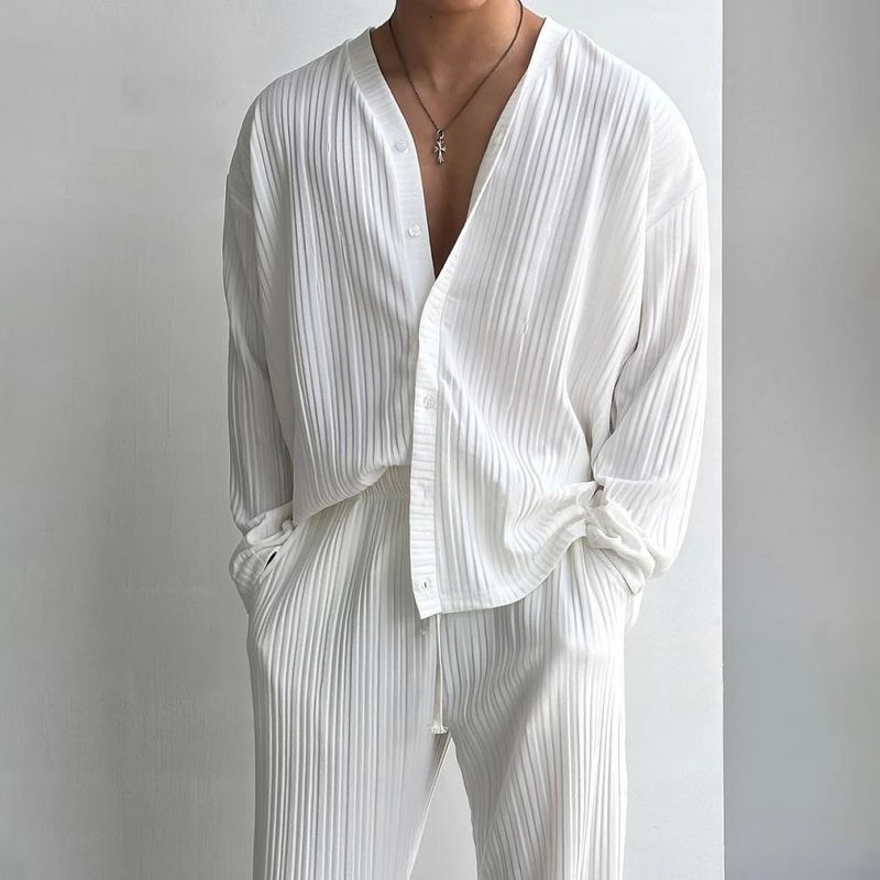 Cárdigan de punto con escote en V profundo, sexy, de color sólido fino para hombre, conjunto informal de dos piezas a la moda para hombre_voghion.com