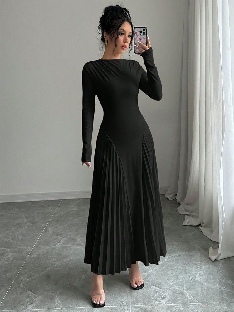 Nuovo abito plissettato a maniche lunghe lavorato a maglia, gonna lunga, elegante, sottile, versatile, alla moda_voghion.com