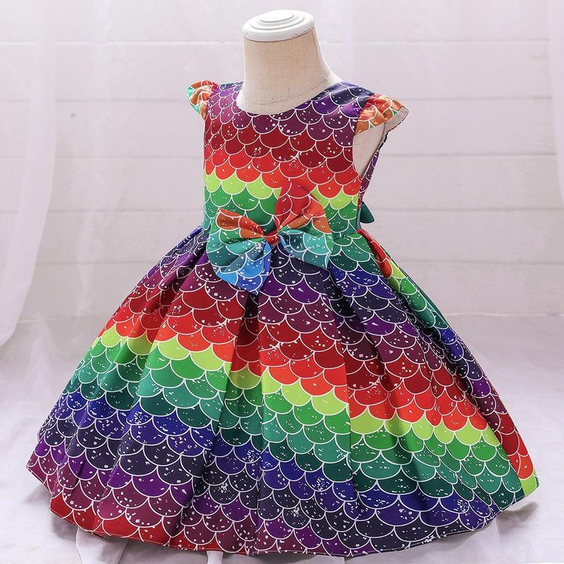 Vestito da sirena iridescente per bambine di Halloween - Abito da spettacolo in raso con maniche a palloncino per feste in maschera (70-120 cm)_voghion.com