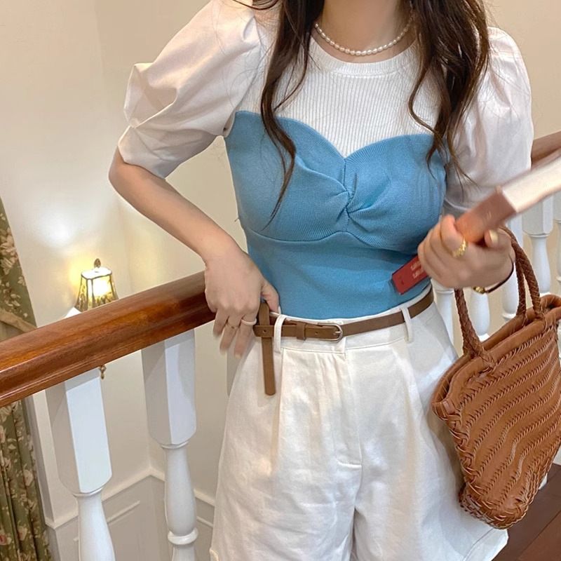 Fransk pure desire stil bobleærmer chik top til kvinders sommerdesign sans niche slim fit strikket korte ærmer_voghion.com