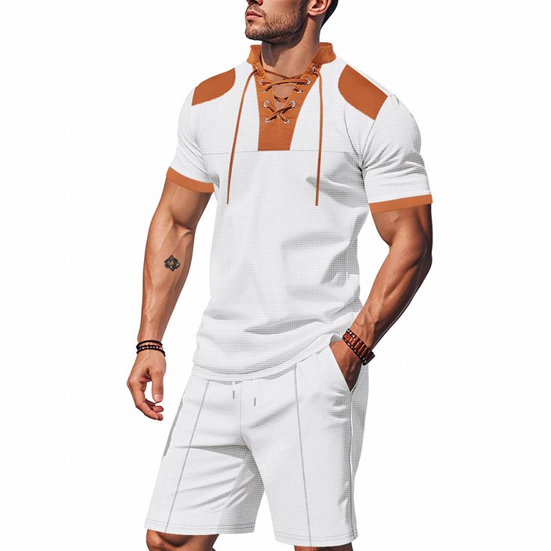 Cross-border Independent Station American Summer Casual Men's Tether Loose Henry Western Denim Waffle Short Sleeve Suit_voghion.com