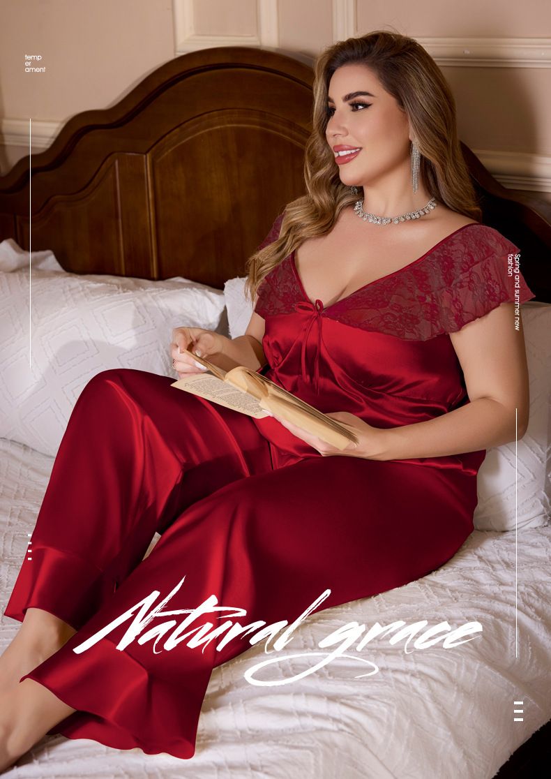 Large Size Ice Silk Pajamas Women's Multi-colored Lace Sexy Short-sleeved Trousers Loungewear Set_voghion.com