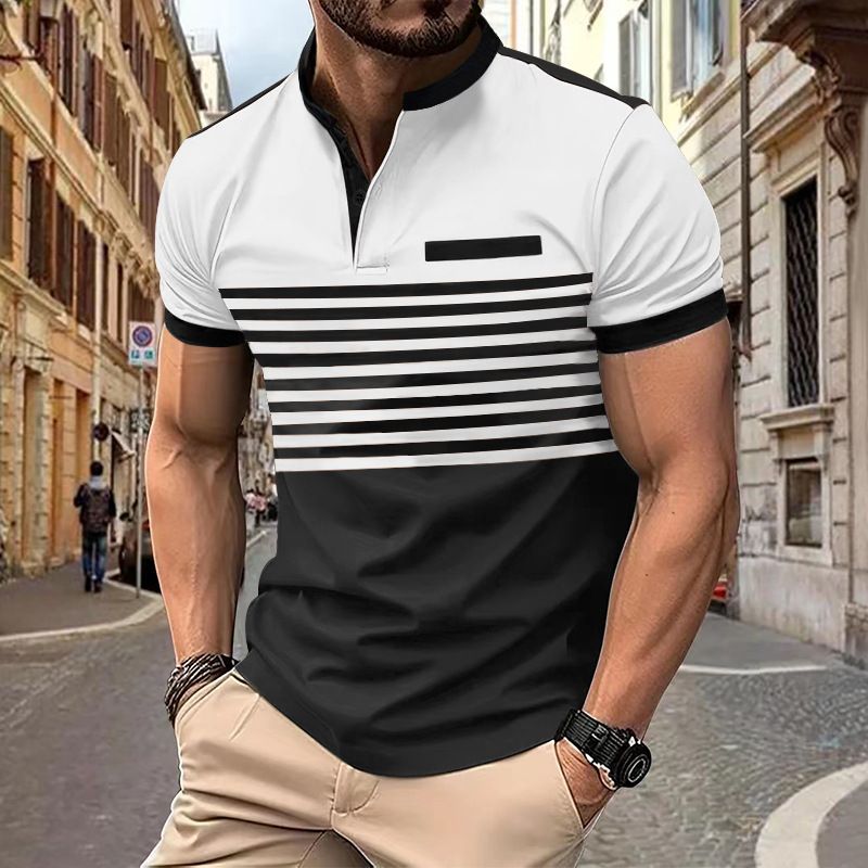Polo da uomo a righe stampate con cerniera in saldo estivo 2024_voghion.com