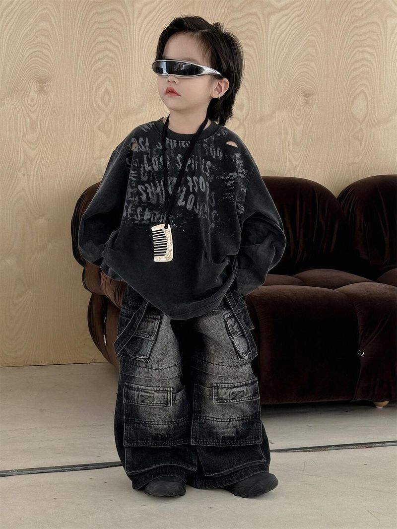 Kid's Clothing 2024 Boys Jeans American Retro Multi Pocket Jeans Loose Straight Fashion Brand Wide Leg Suspenders_voghion.com