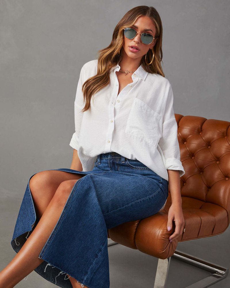 Gonna in denim con spacchi sui fianchi, a vita alta e lunghezza media, da donna, INS_voghion.com