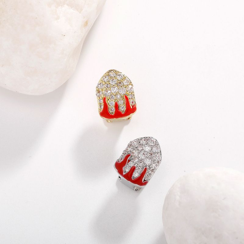 Gioielli unisex alla moda, motivo a fiamma singola e doppia, denti in oro zirconio, decorazione per denti abbinata, apparecchio per denti HIPHOP_voghion.com