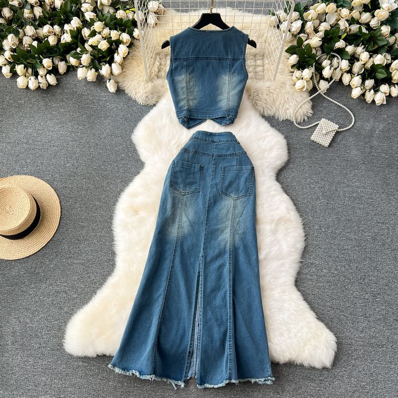Damenbekleidung Retro-Jeansanzug für Damen, kurze Weste, Strickjacke, leicht, 1 Diamant, langer Rock, modischer zweiteiliger Anzug_voghion.com
