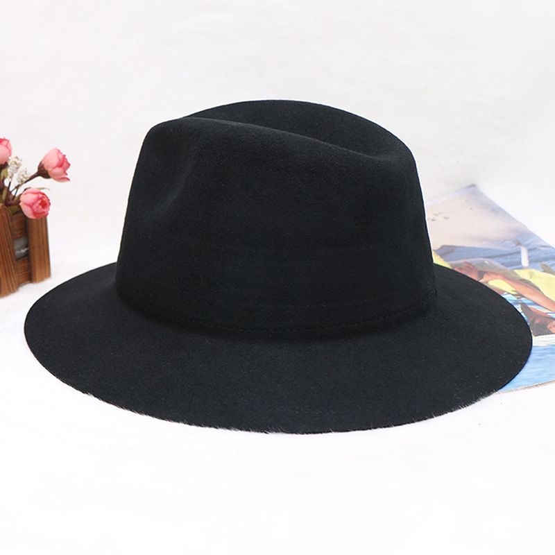 Höst- och vinterhatt för kvinnor i brittisk vintageull med stora takfoten, enfärgad, breda takfoten, avslappnad jazzhatt_voghion.com
