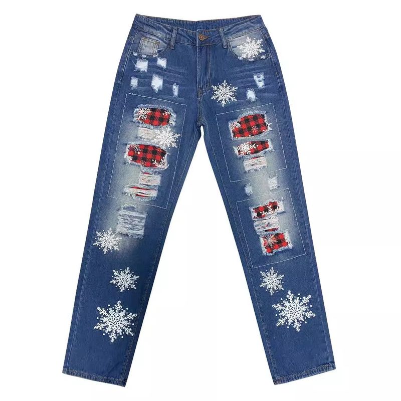 Gerade Jeans Damen Weihnachten Schneeflocke Gedruckt Patch Zerrissene Denim Hose_voghion.com