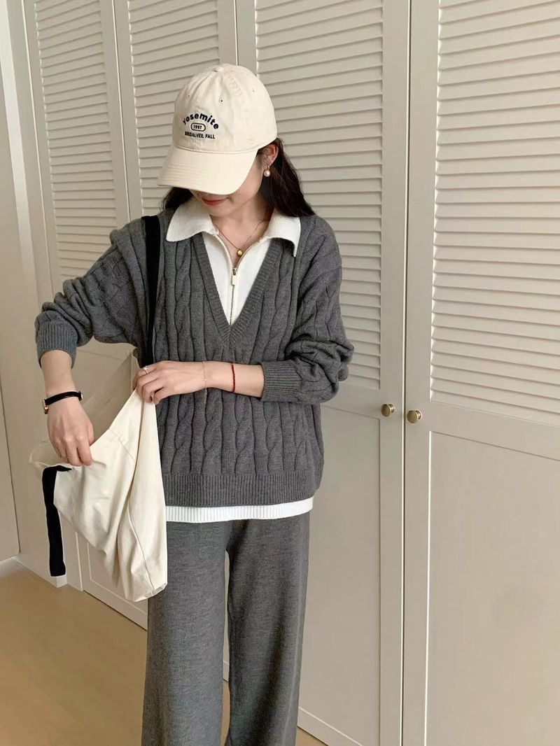 Abbigliamento da donna Set polo in maglia da donna - Top in maglia a trecce e pantaloni a gamba larga, due pezzi_voghion.com