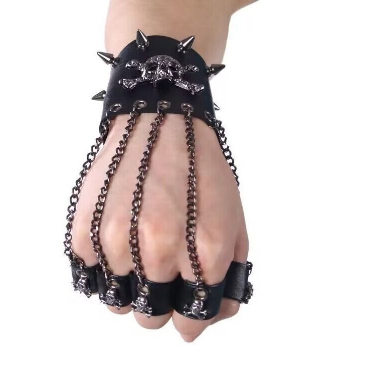 Bracciale con anello unisex alla moda in stile punk, personalità integrata, catena posteriore in argento Hip Hop_voghion.com